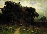 Edward Mitchell Bannister landscape, woodcutter on path painting